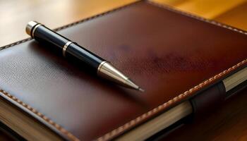 a notebook with a pen on top of it photo