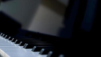 A close up of a piano keyboard with a blurred background photo