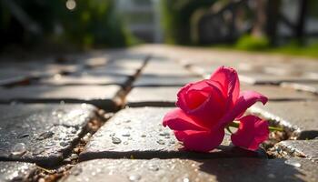 A single rose is sitting on a cobblestone path photo
