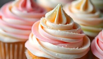 a close up of a cupcake with pink and white frosting photo