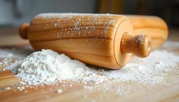 A rolling pin and flour on a wooden table photo