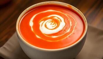a bowl of tomato soup with cream in it photo