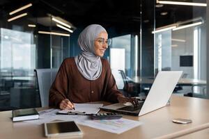 Muslim young woman in hijab programmer, developer working in office behind notebook and with documents. photo