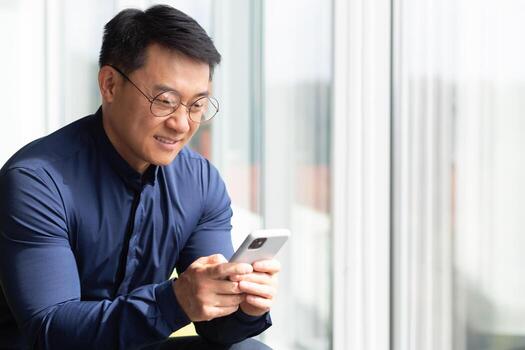 Closeup photo of a successful Asian businessman using the phone, a programmer in a shirt and glasses near a window inside an office messaging on social networks, using an application on a smartphone.