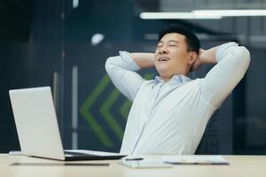 A young handsome Asian man, a businessman sits in the office at the desk. He holds his hands behind his head, closes his eyes, and smiles. Satisfied with his work, rests during working hours. photo