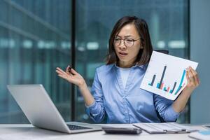 Upset and nervous woman disappointed with results, showing graph chart with negative income to camera. Asian woman on remote presentation business meeting, using laptop for call. photo