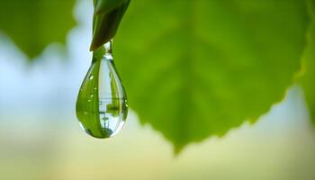 A drop of water hangs from a leaf photo