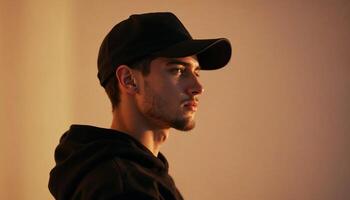 Profile Portrait of Young Man in Black Cap and Sweatshirt with Orange Background Modern Fashion and Lifestyle Concept photo