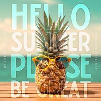 Hello Summer Greeting Post for Instagram with Pineapple Wearing a Sunglasses template