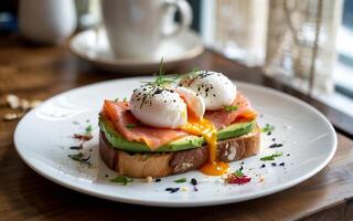 A breakfast dish featuring poached eggs, smoked salmon, and avocado is served on a slice of toasted bread, garnished with black sesame seeds and fresh herbs photo