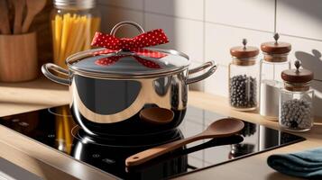 A pot with a red polka dot ribbon rests on an induction cooktop in a modern kitchen photo