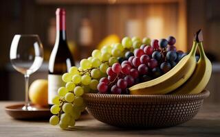 A wicker basket filled with bananas and vibrant clusters of grapes sits on a wooden table, accompanied by a bottle of wine and an empty glass photo