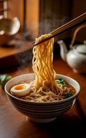 A bowl of ramen is garnished with a perfectly cooked soft-boiled egg and fresh greens photo