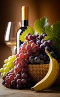 A basket filled with bananas and vibrant clusters of grapes sits on a wooden table, accompanied by a bottle of wine and an empty glass photo