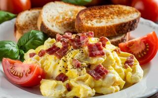 A delicious breakfast plate features scrambled eggs topped with crispy bacon bits, photo