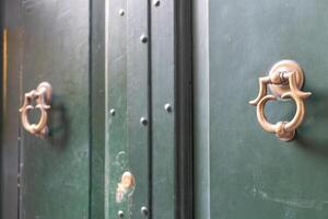 Elegant brass knockers adorn weathered green doors in a charming historic building, evoking a sense of timeless elegance and mystery photo