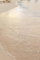 Waves gently washing over the sandy shore during golden hour at a tranquil beach photo