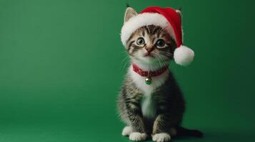A kitten wearing a santa hat on a green background photo
