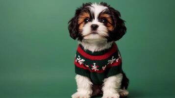 A small dog wearing a christmas sweater on a green background photo