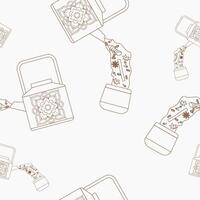 Editable Side View Outline Style Pouring Masala Chai Herbs from Patterned Metal Kettle into Pottery Cup Vectorized Illustration Seamless Pattern for Background of South Asian Beverages Culture vector