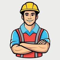Colored stylized icon of a worker in a special red vest and helmet isolated on a white background vector