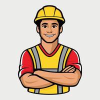 Colored stylized icon of a worker in a special yellow vest and helmet isolated on a white background vector