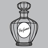 black and white stylized icon of perfume bottle with inscription perfume isolated on white background vector