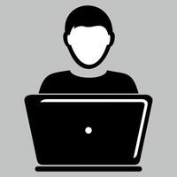stylized black and white icon of a man at a laptop isolated on a white background vector
