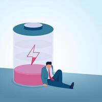 An exhausted man leans on a red, nearly dead battery. A metaphorical illustration of burnout, stress and work exhaustion. vector