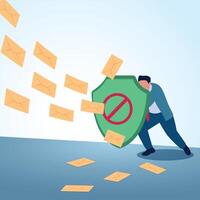 A man holds a shield protecting him from thousands of incoming emails. A metaphorical illustration for spam protection, fake emails and cyber security. vector
