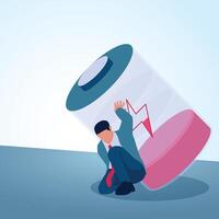 A tired man carries a big red battery that is almost dead. A metaphorical illustration for burnout, stress and work fatigue. vector