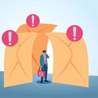 A man holding an email padlock surrounded by large emails. A metaphorical illustration for spam protection, fake emails and cybersecurity. vector