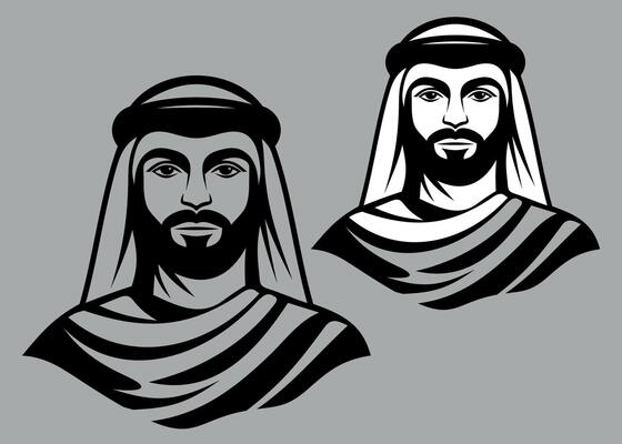 Black and white stylized icon of an Arab in national clothes isolated on a grey background