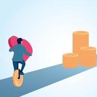 A man carries love towards a pile of money. A metaphorical illustration for a profitable hobby, a passion that brings in money and a job that is loved. vector