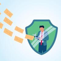 A man holds his mobile phone inside a shield that protects him from thousands of incoming emails. A metaphorical illustration for spam protection, fake emails and cyber security. vector
