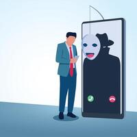 A man sees a phone call and a mask is seen in front of the cellphone. A metaphorical illustration for fake phone calls, fraud and blackmail. vector