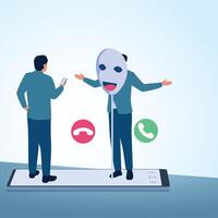 A man picks up a call from a caller wearing a mask. A metaphorical illustration of fake phone calls, fraud and blackmail. vector