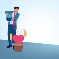 A man waters love in a pot and it produces money. A metaphorical illustration for a profitable hobby, a passion that brings money and a job that is loved. vector