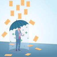 A man holds an umbrella protecting him from a rain of emails. A metaphorical illustration for spam protection, fake emails and cybersecurity. vector