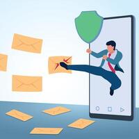 A man comes out of his phone kicking an incoming email. A metaphorical illustration for spam protection, fake emails and cyber security. vector