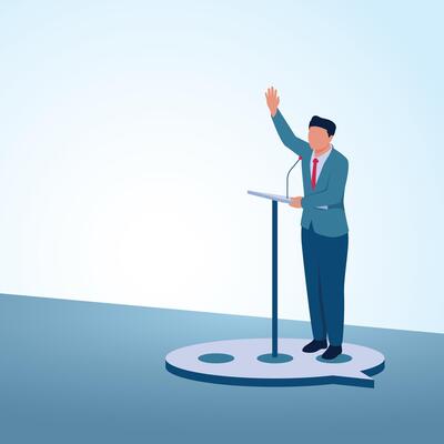 A man stands at a podium above a chat bubble. A metaphorical illustration of speaking, voicing opinions and healthy communication.