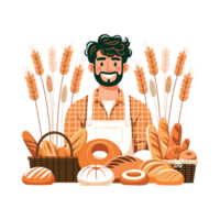 A man with a beard and bread is standing in front of a basket of bread png