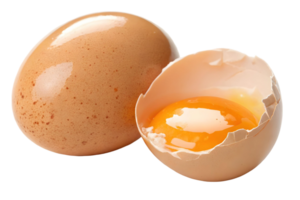 Close up of a whole brown egg next to a cracked egg showing the yolk on a transparent background studio shot png