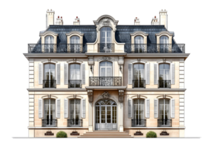 Frontal view of a beige Parisian style building with balconies and a dark gray roof design png