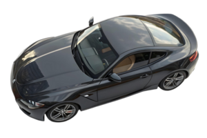 Aerial view of a sleek dark gray sports car with a glass roof on a transparent background studio shot png