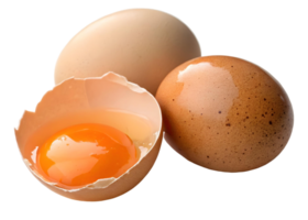 A close up of three eggs with one cracked open showing the vibrant yolk on a transparent background png
