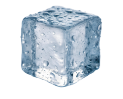 Single ice cube with water droplets on a transparent background in a studio shot close up and macro view png