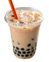 Iced bubble tea in a clear plastic cup with an orange straw against a transparent background studio shot png
