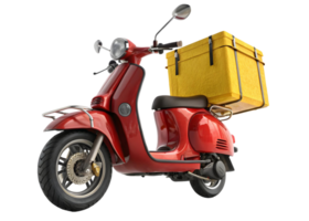 A red scooter with a yellow delivery box isolated on a transparent background in studio shot png