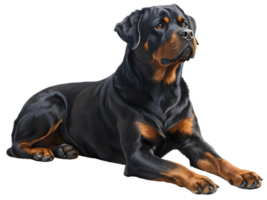 A rottweiler dog lying down with a black and brown coat and a transparent background looking to the side png
